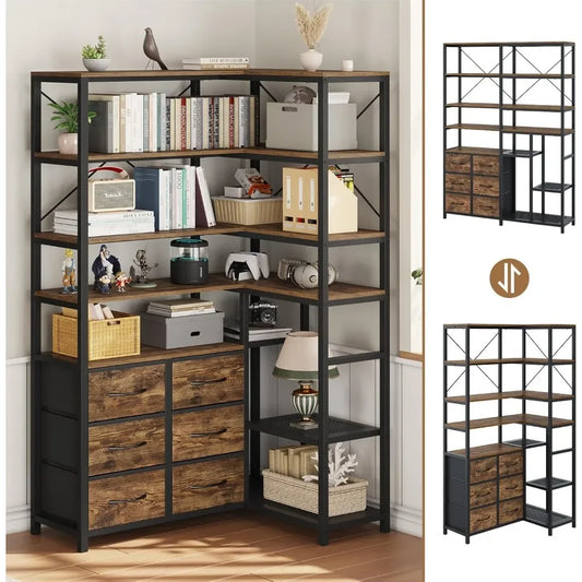 Corner Bookshelf 7 Tier Industrial Convertible Drawers