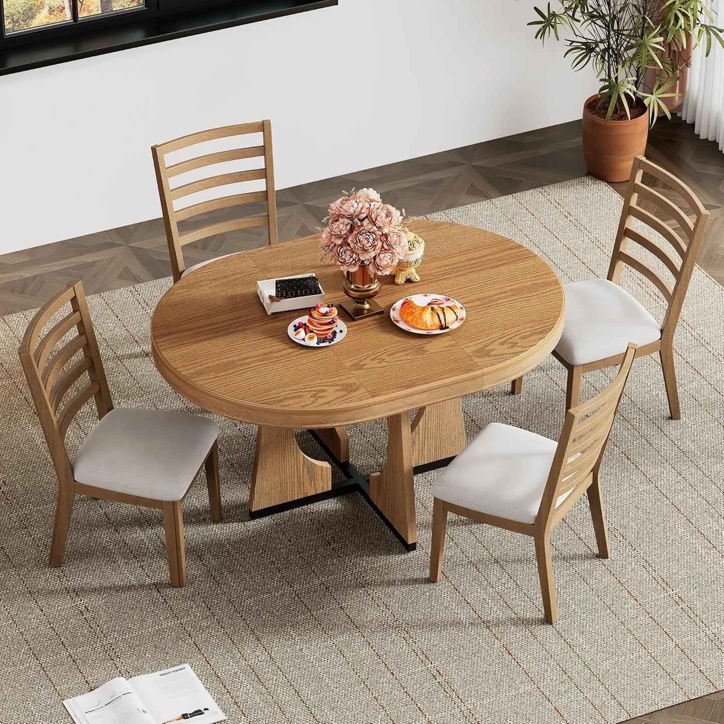 ANGDUO 5-Piece Extendable Round Dining Table Set And Chairs
