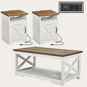 Farmhouse 3-Piece Living Room Table Set with USB Charging