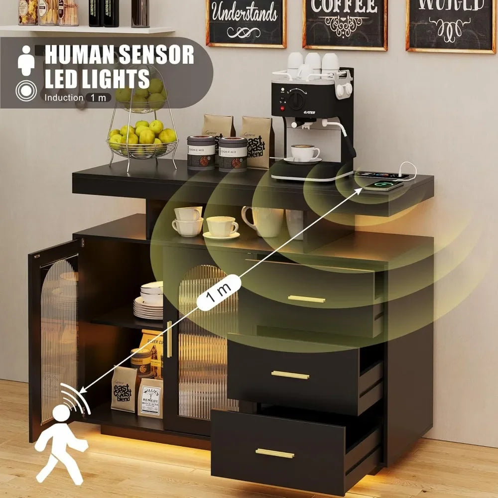 LED Coffee Bar Cabinet With Shelf Wood Sideboard Buffet