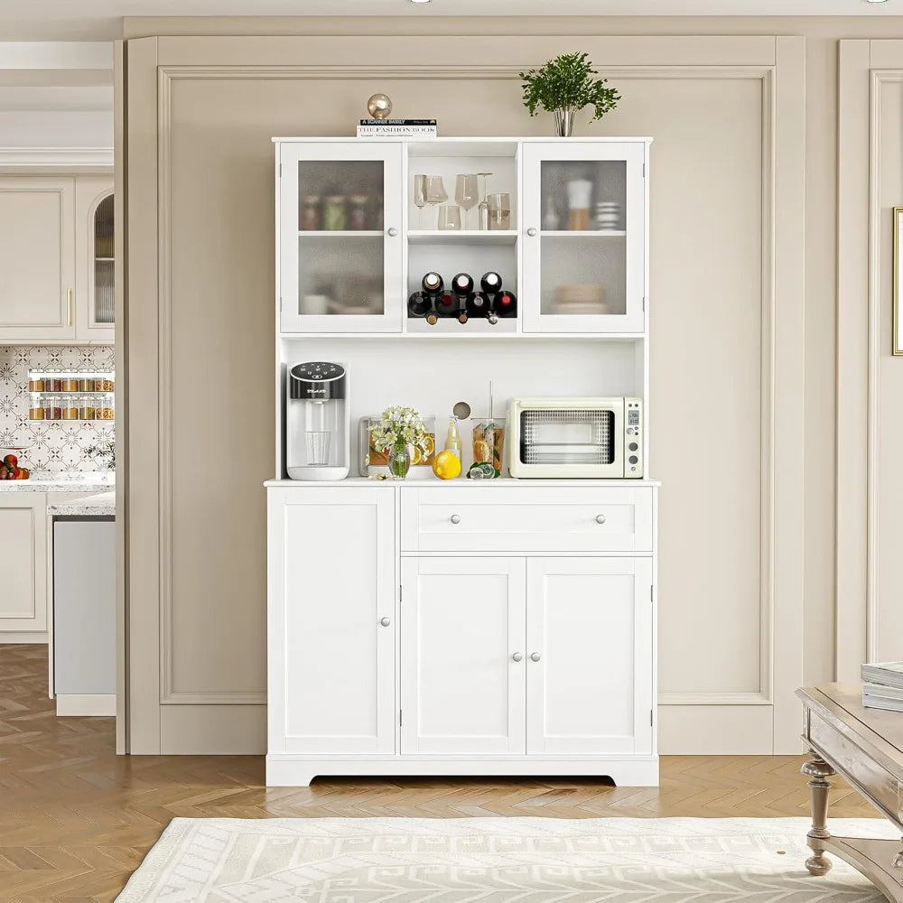 Tall Kitchen Pantry Cabinet with Microwave Stand and Wine Rack