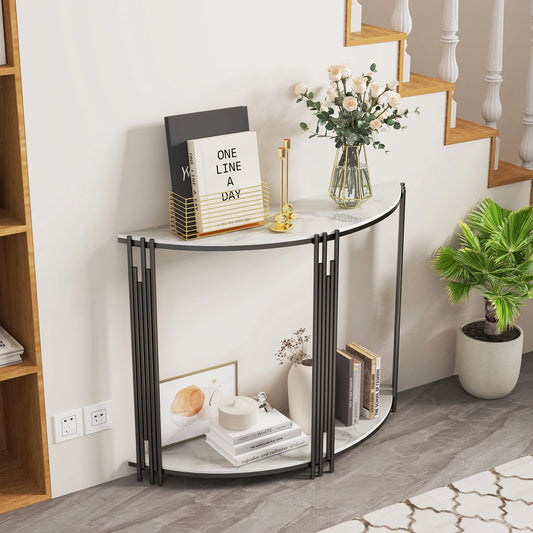 Half Moon Tiered Real Marble Entry Console Table For Hallway
