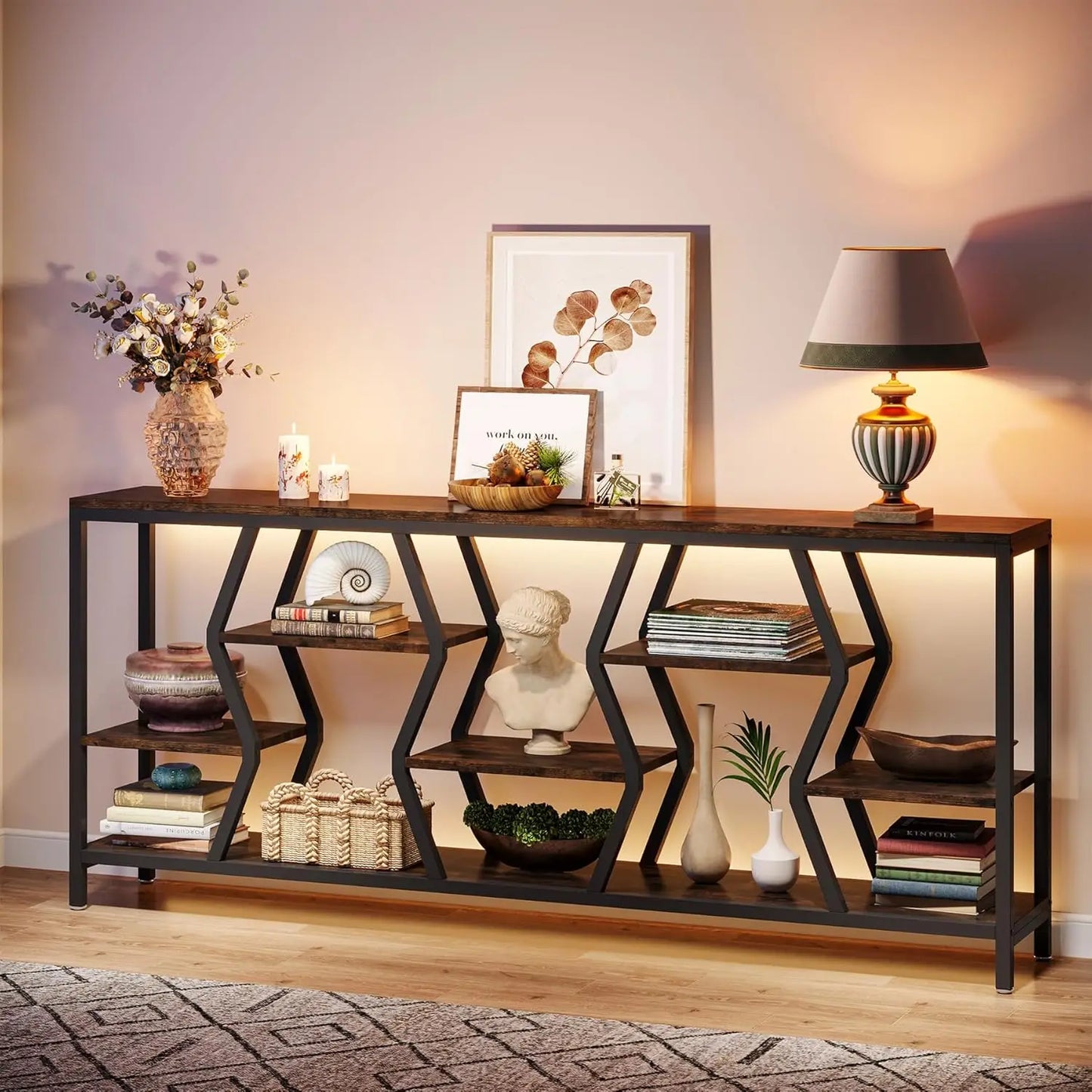 Sofa Console Table 4 Tier Wood Shelves Narrow Entryway