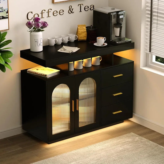 LED Coffee Bar Cabinet With Shelf Wood Sideboard Buffet