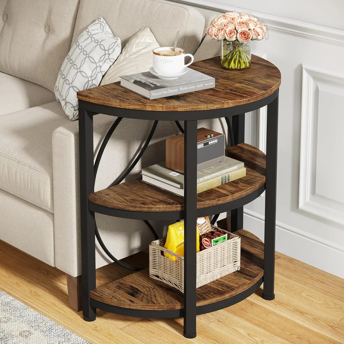Small Half Round End Table With Shelves And Metal Frame