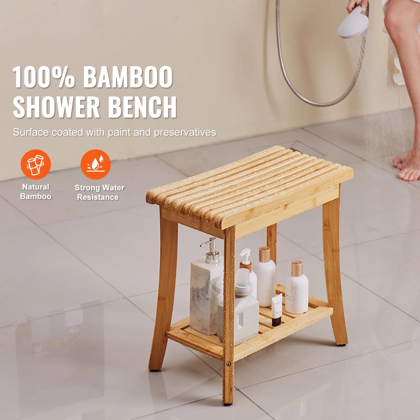 SucceBuy Bamboo Shower Bench With Storage Shelf 330lbs Load Capacity