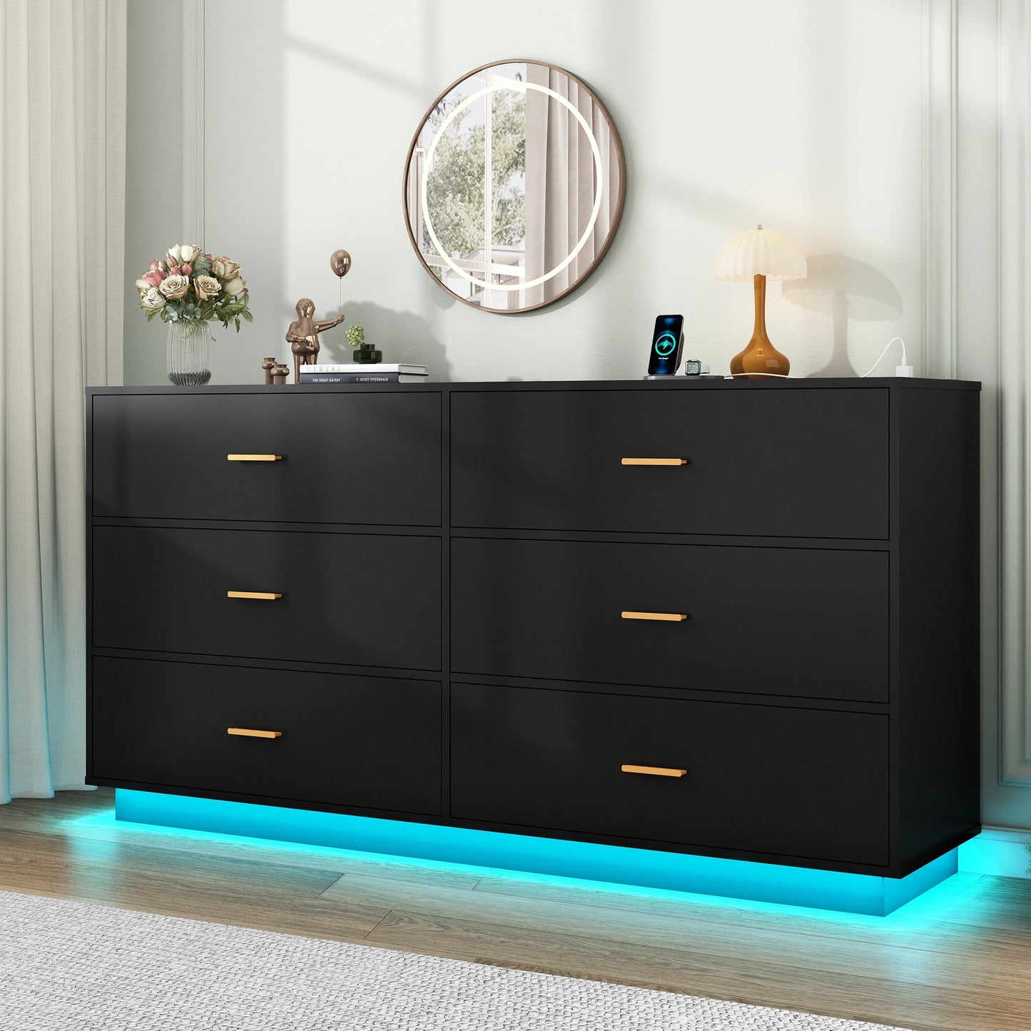 6 Drawer Dresser With Power Outlet LED Lights For Bedroom
