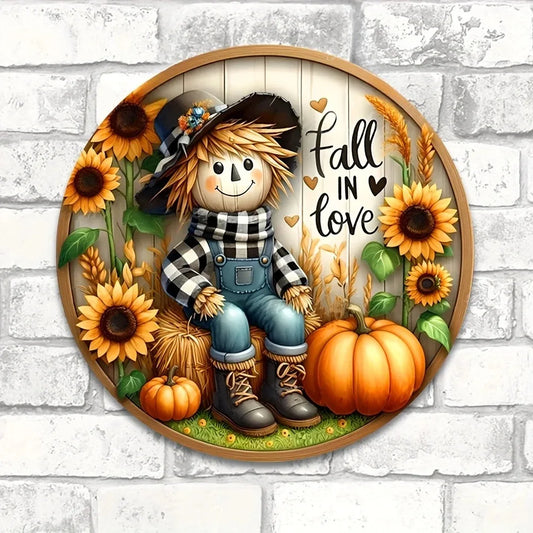 Tin Painting Scarecrow Fall Harvest Sign Round Wreath