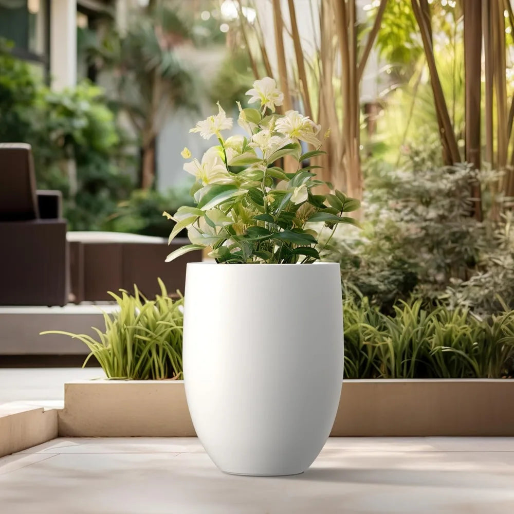 Modern Snow White Concrete Tall Planter with Drainage Hole