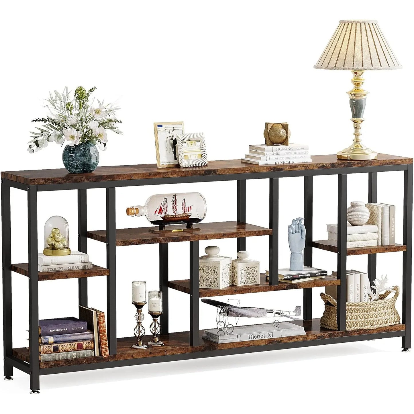 Console Sofa Table 70.9 Inch Long 3 Tier Industrial Brown