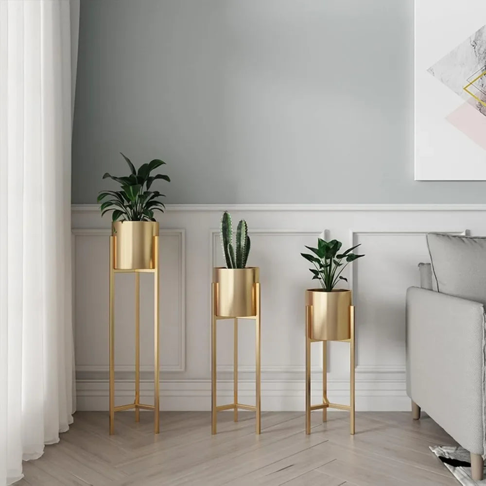 Gold Round Flower Pot Plant Stand Set For Multiple Pots
