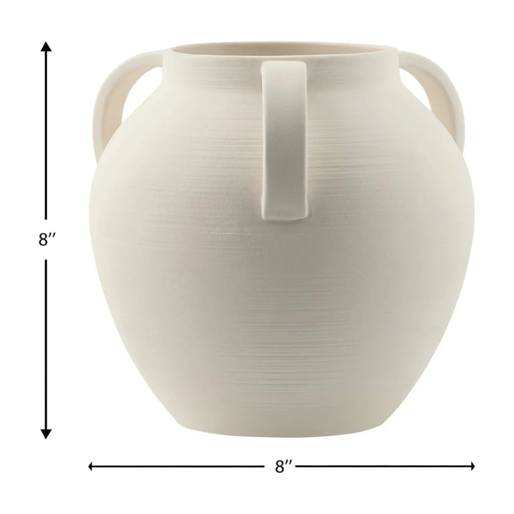 8 Inch White Matte Textured Ceramic Vase With Three Handles