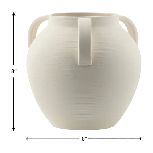 8 Inch White Matte Textured Ceramic Vase With Three Handles