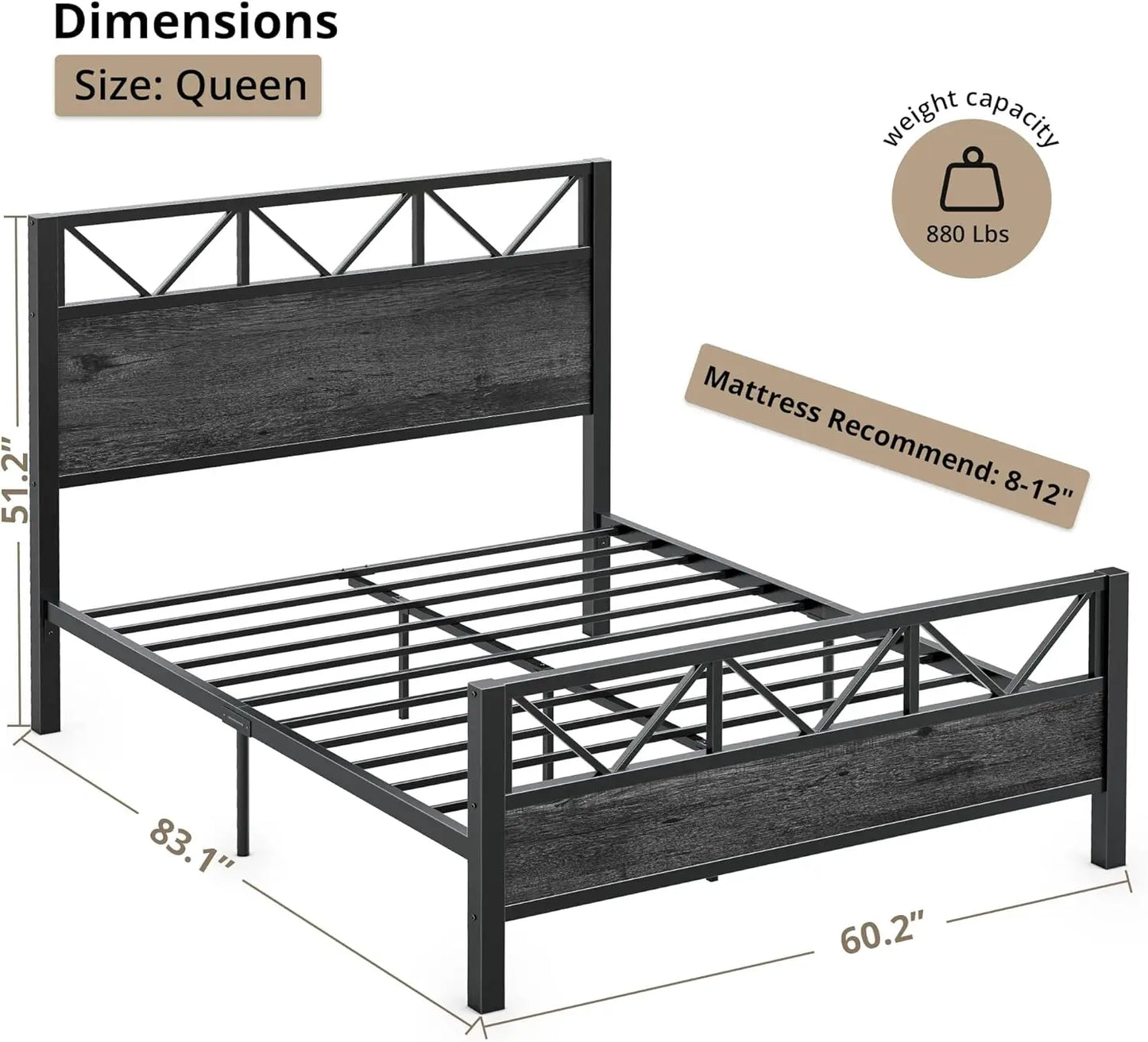 LIKIMIO Industrial Platform Bed Frame With Tall Headboard