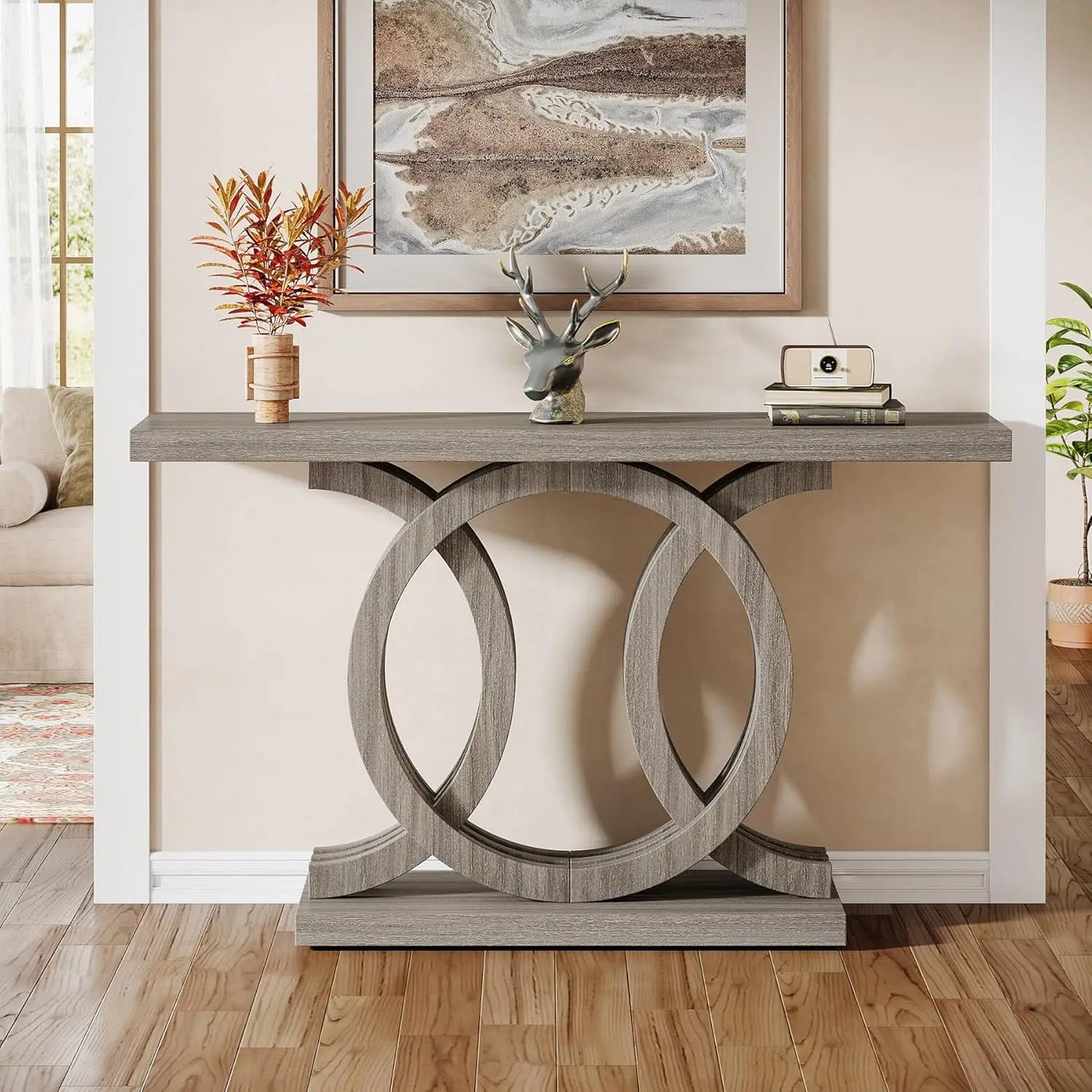 55 Inch Console Table With Geometric Wood Base Entryway
