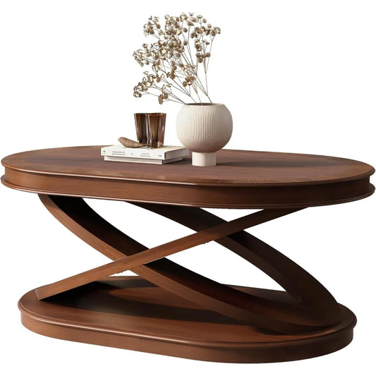 Vintage Walnut Oval Coffee Table 44 Inch Wood Center Table