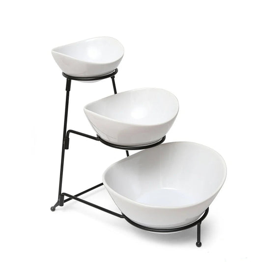 3 Tier Oval Porcelain Serving Bowls Set With Metal Rack