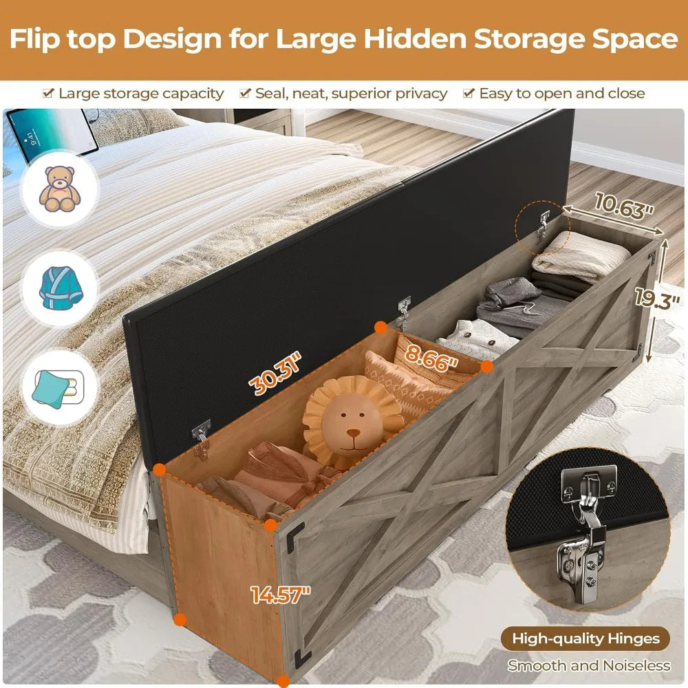 Dictac Farmhouse Bed Frame With Headboard USB Charging