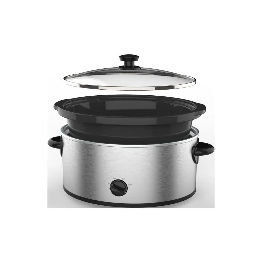 6 Quart Stainless Steel Slow Cooker Glass Lid 3 Settings