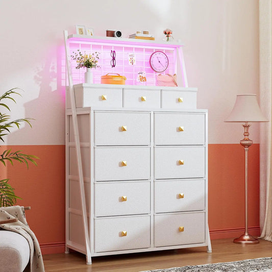 51 Inch Tall Dresser With 11 Fabric Drawers And LED Lights