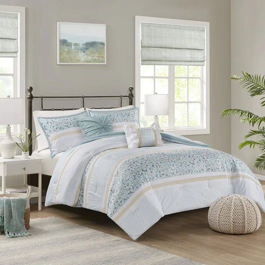 5 Piece Seersucker Comforter Set With Throw Pillows