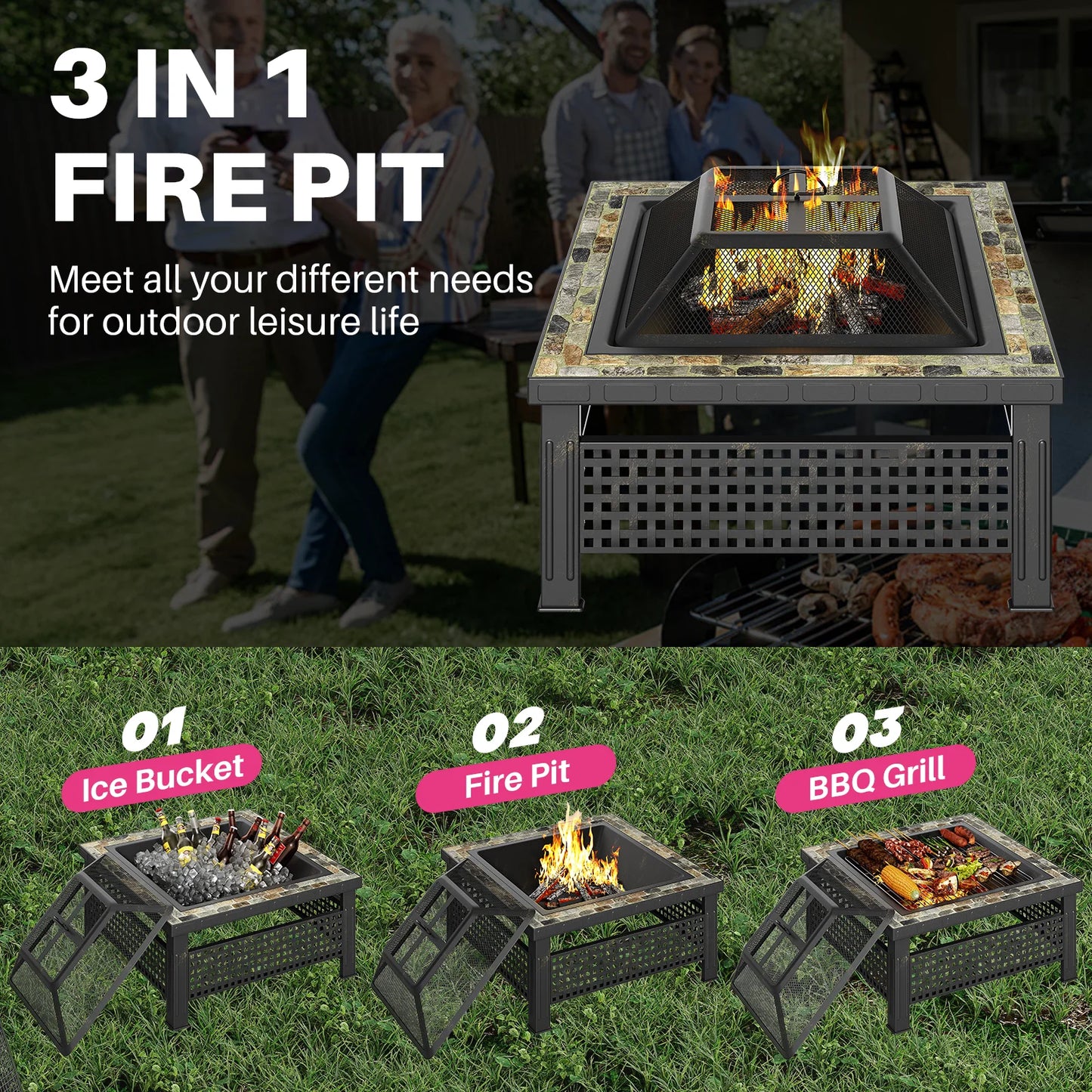 30 Inch Square Fire Pit Table for Patio Warmth and BBQ