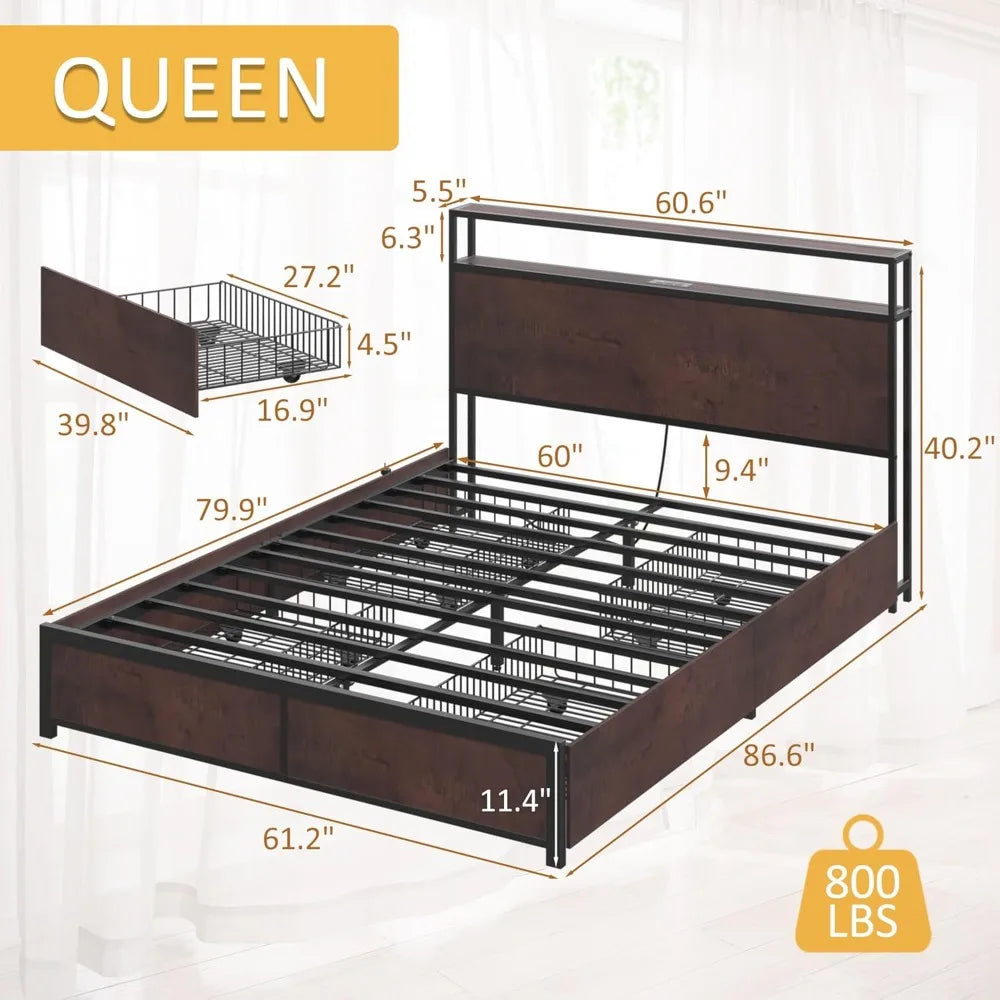 Lifezone Queen Bed Frame With 2 Tier Storage Headboard