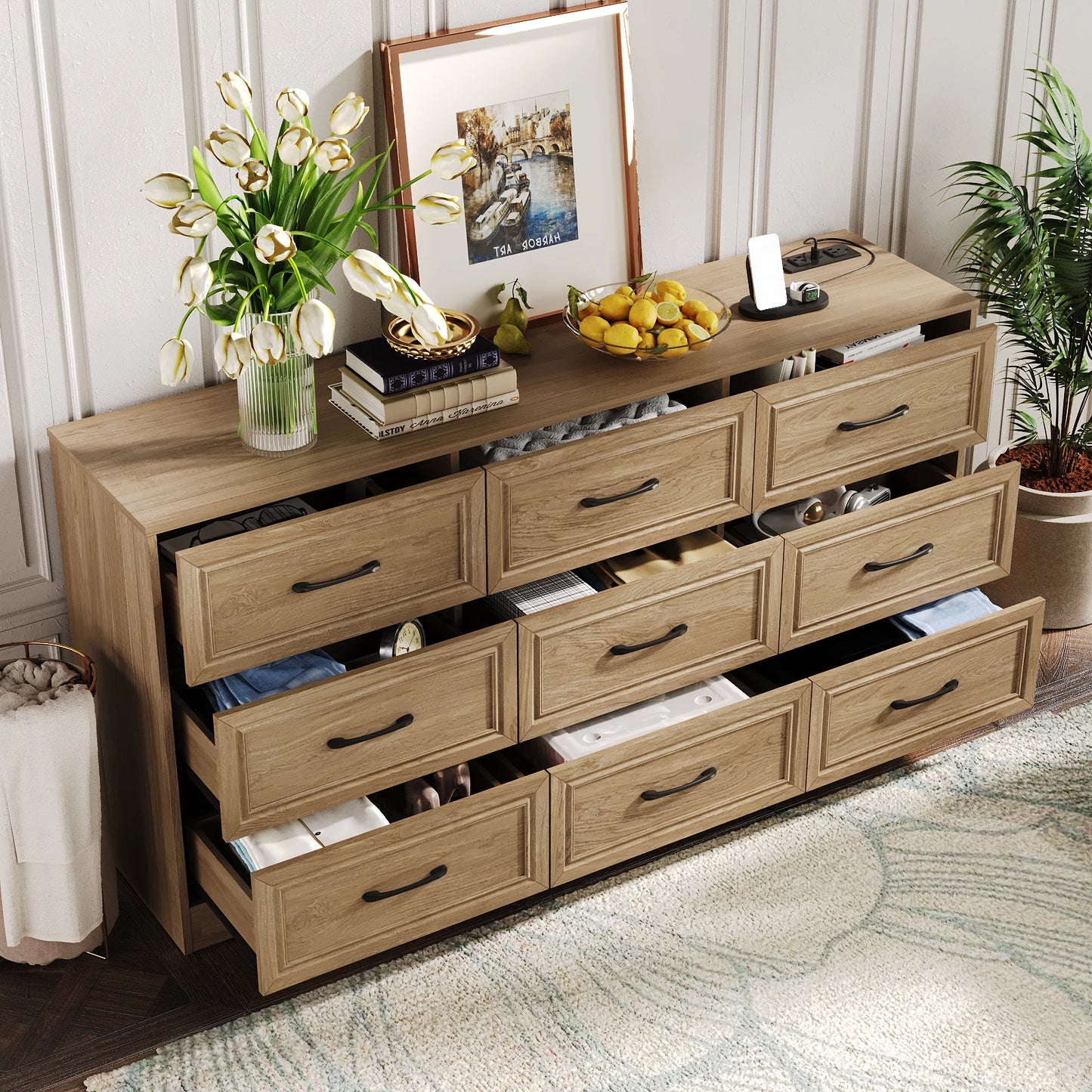Vabches Wood Dresser For Bedroom 9 Drawers Power Outlet