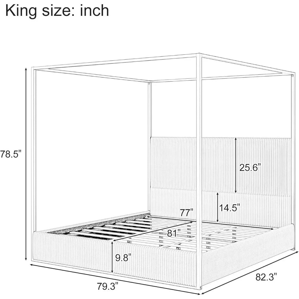 Linique King Size Metal Canopy Bed Velvet Headboard White