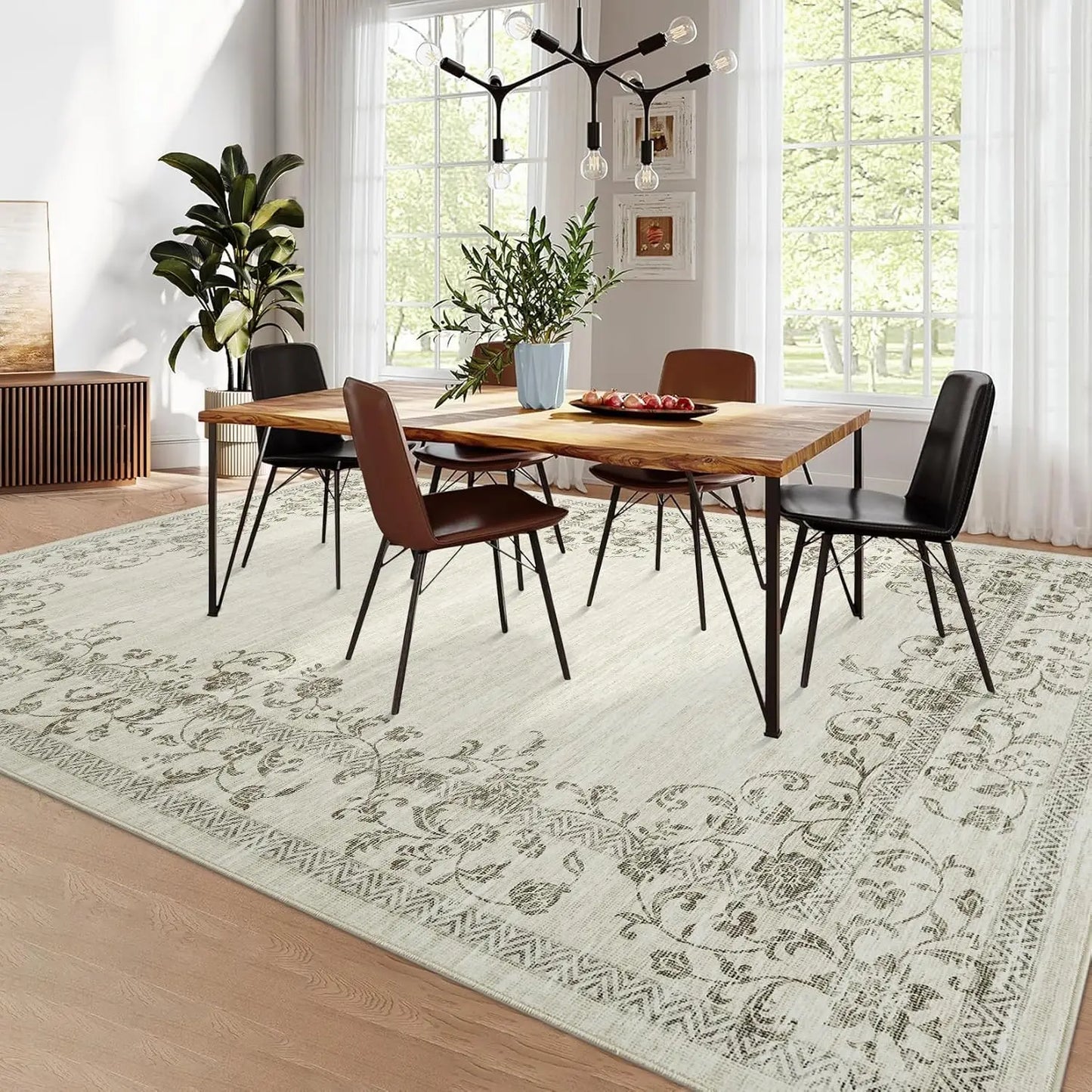 HiMISSH Floral Border Washable Area Rug For Living Room