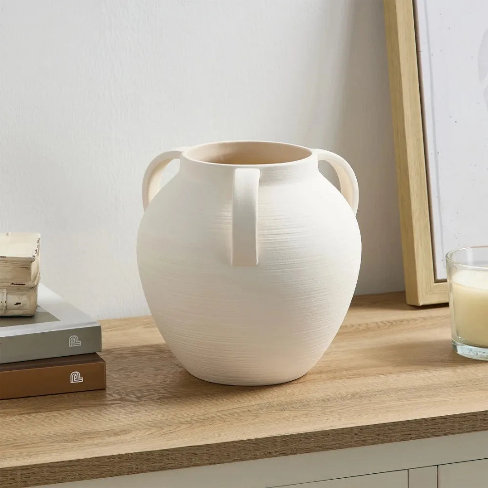 8 Inch White Matte Textured Ceramic Vase With Three Handles