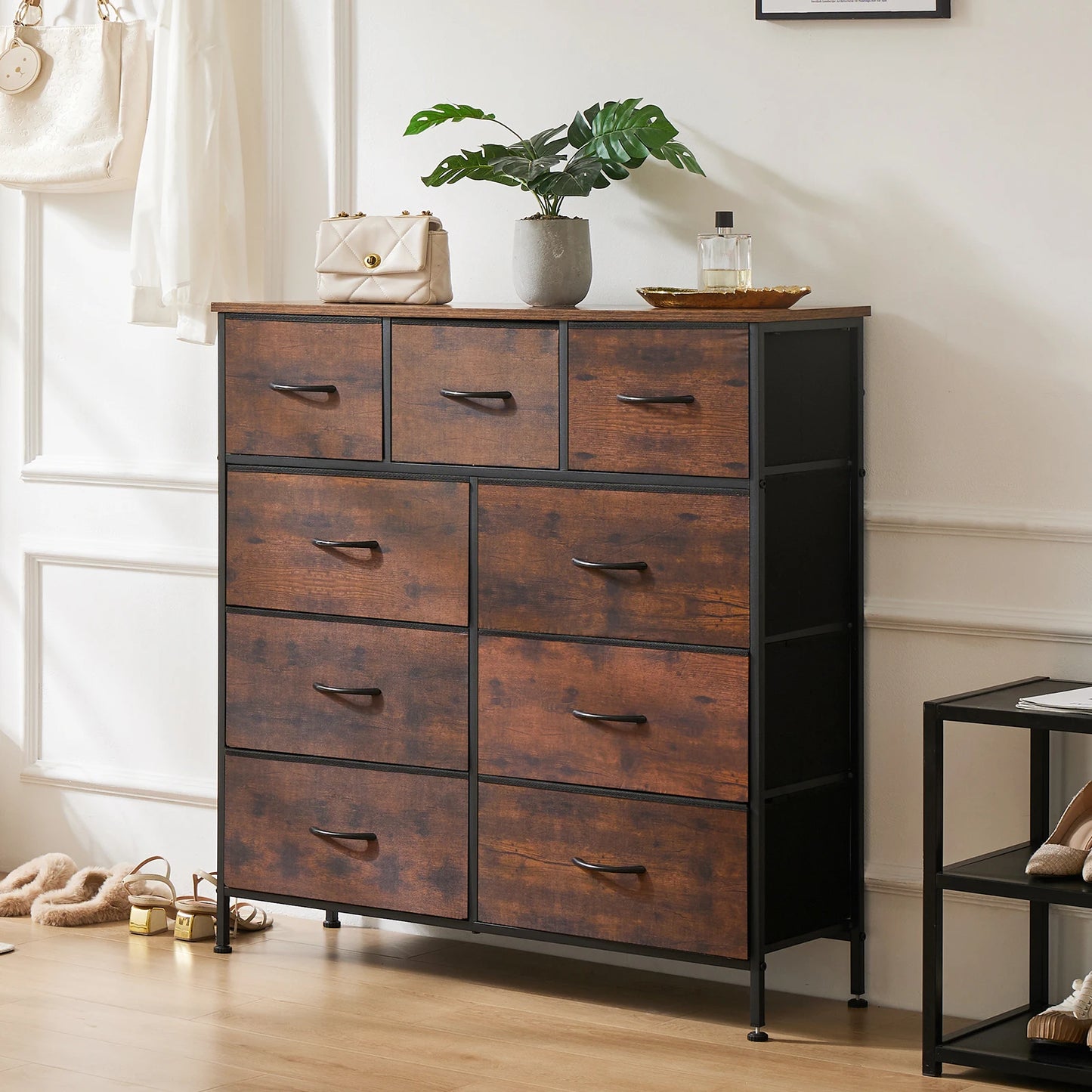 JHK Modern Dresser With 9 Fabric Drawers For Organized Storage