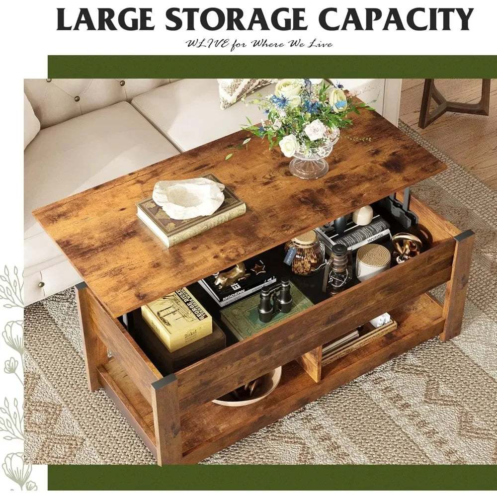 Coffee Table 47 Inch Lift Top Hidden Storage Shelves