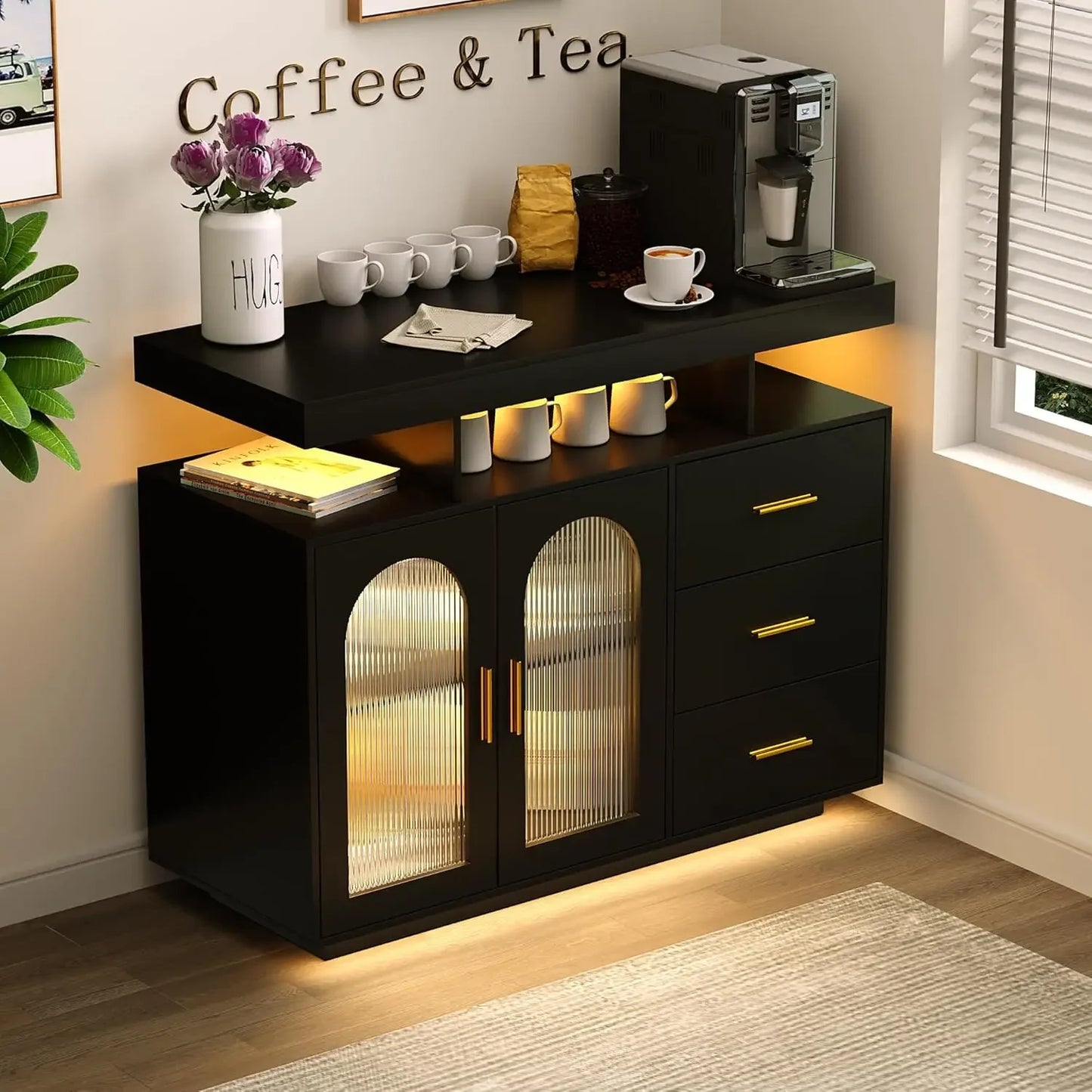 LED Coffee Bar Cabinet With Shelf Wood Sideboard Buffet