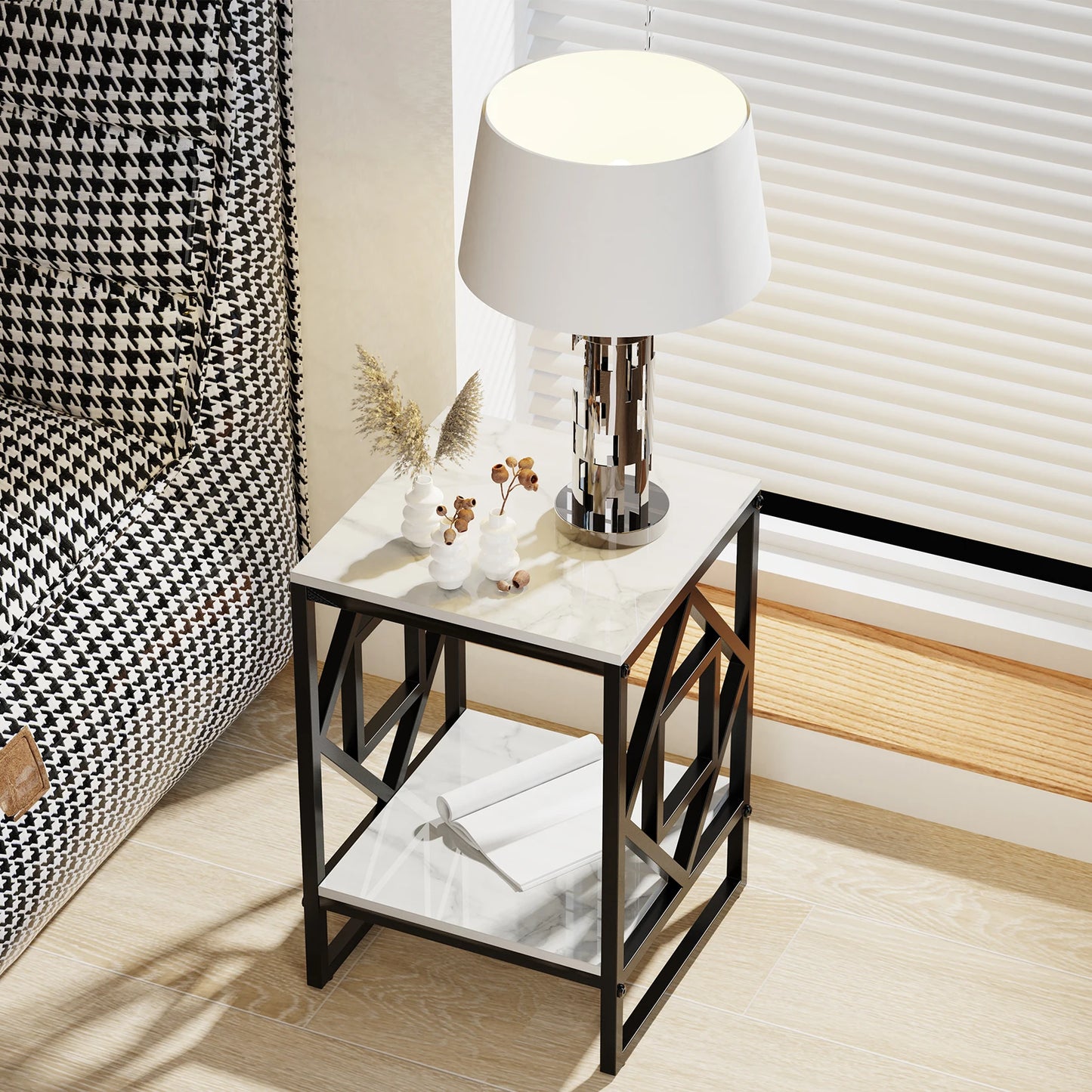 White Marble Top Side Table Sofa End Table With Black Frame