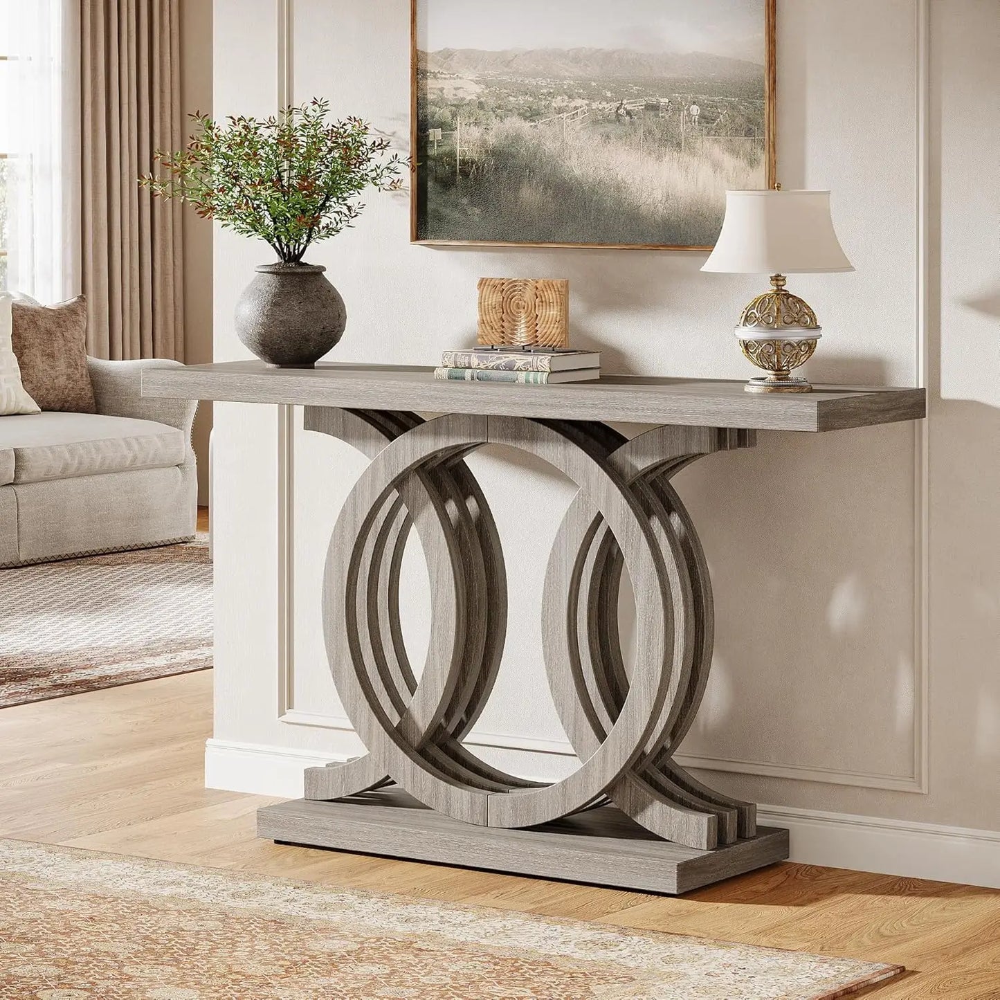 55 Inch Console Table With Geometric Wood Base Entryway