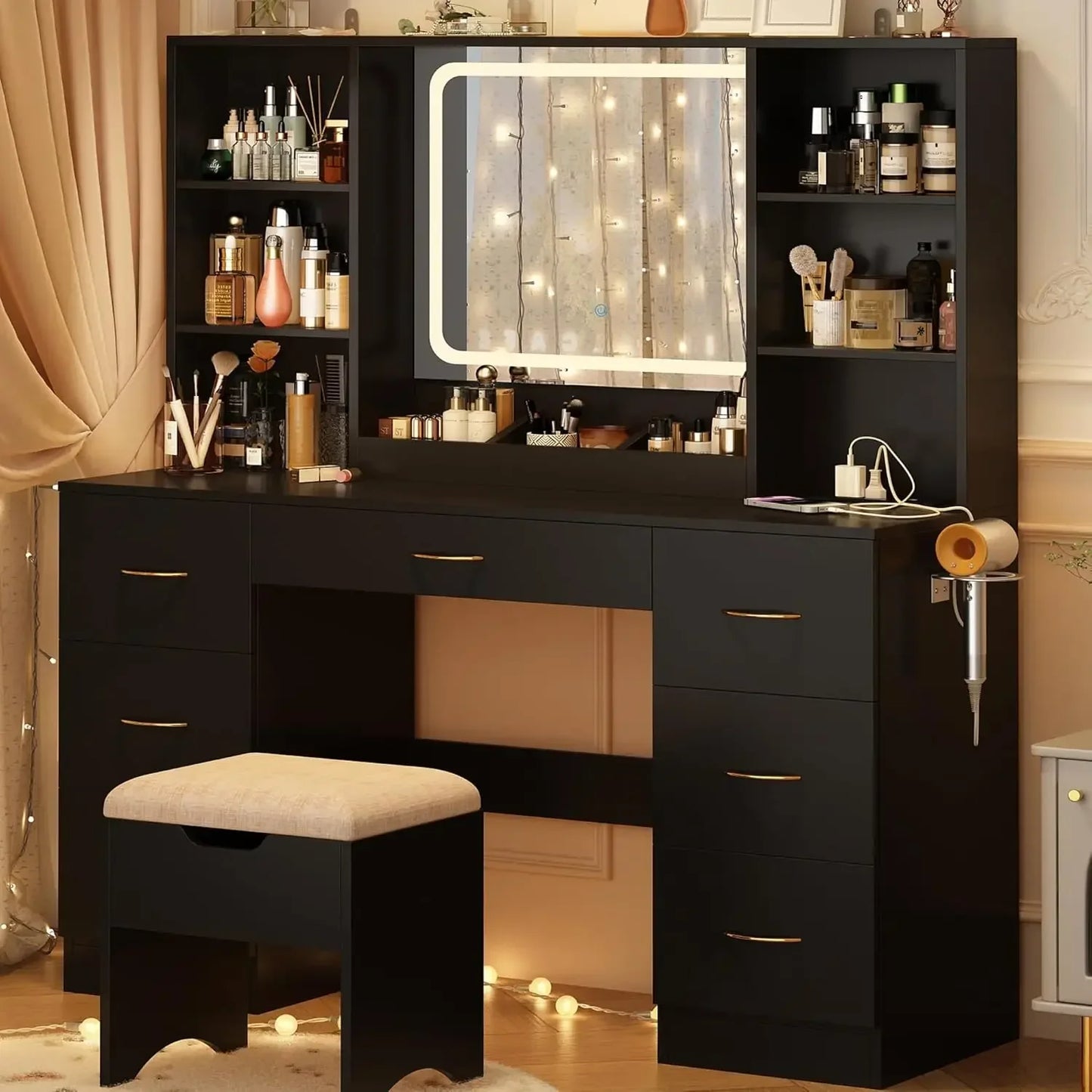 47 Inch Vanity Desk With Mirror And LED Lights 3 Modes Black