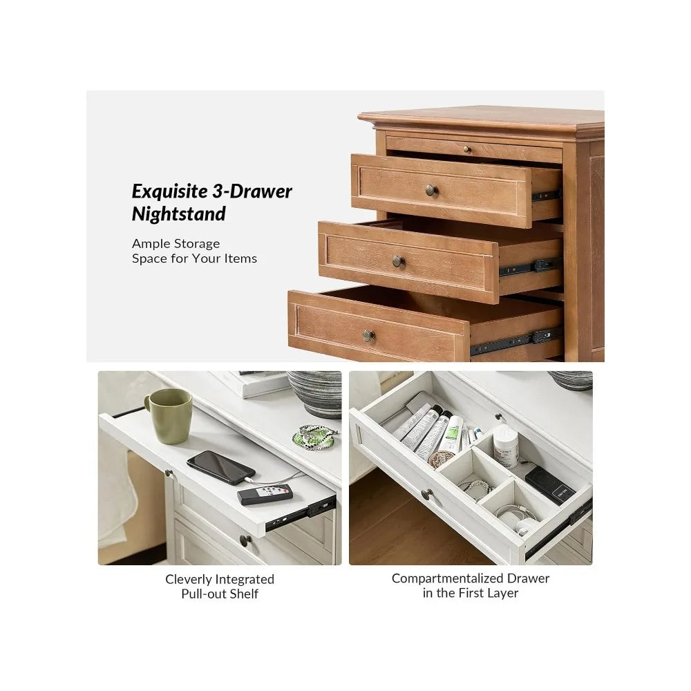 Acorn Farmhouse 3 Drawer Nightstand With Charging Station