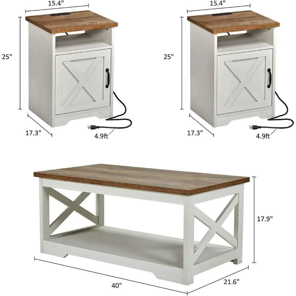 Farmhouse 3-Piece Living Room Table Set with USB Charging
