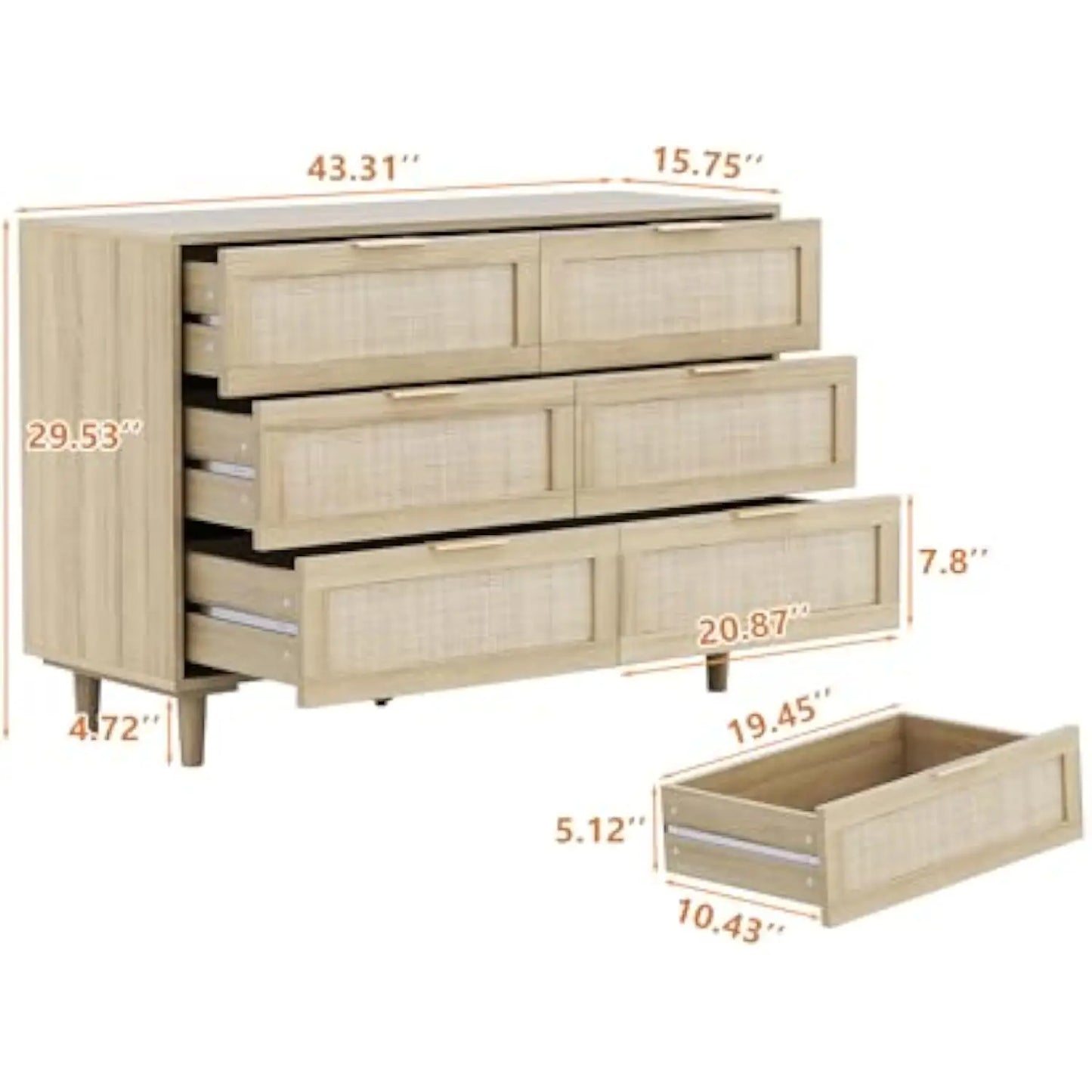Rattan Dresser 6 Drawer Boho Farmhouse Chest of Drawers