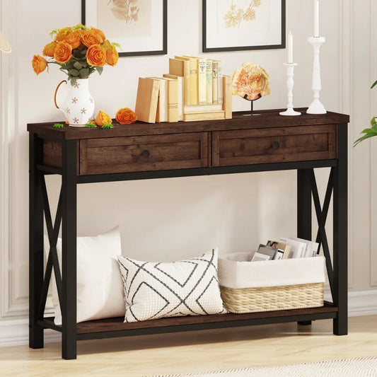 Rustic Oak Console Table With 2 Drawers For Living Room