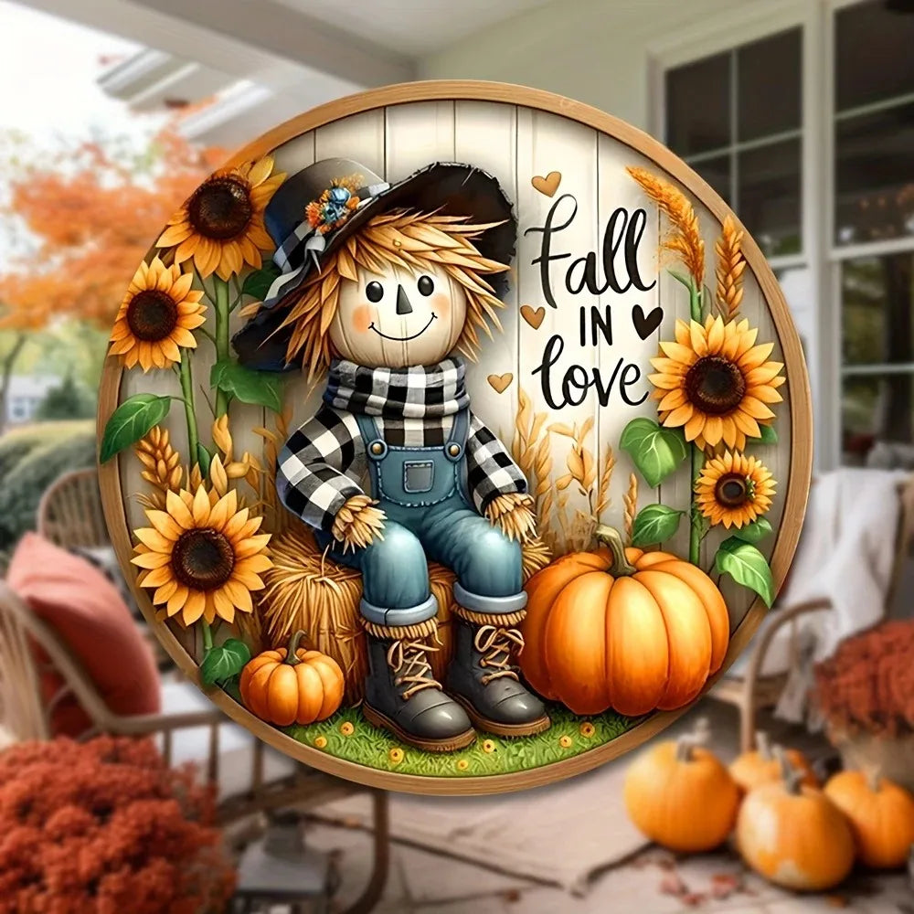 Tin Painting Scarecrow Fall Harvest Sign Round Wreath