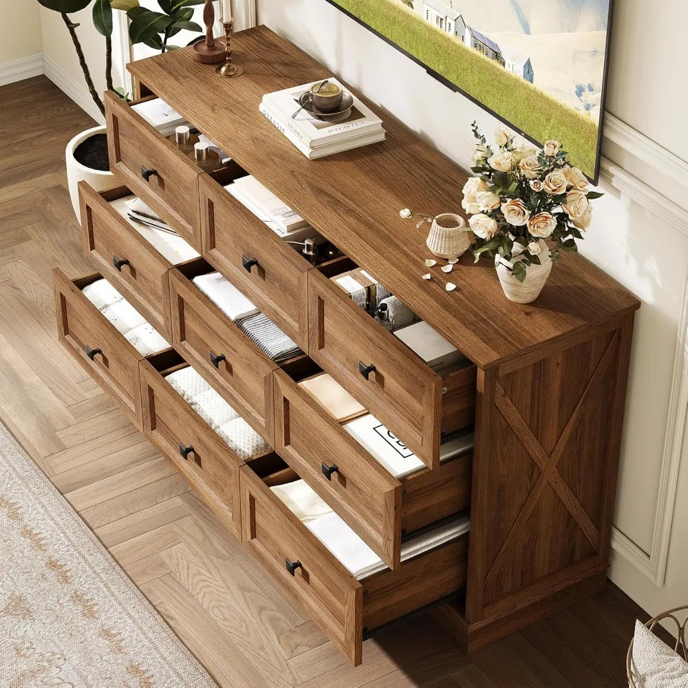 Farmhouse 9 Drawer Dresser 59 Inch Wide Bedroom Storage