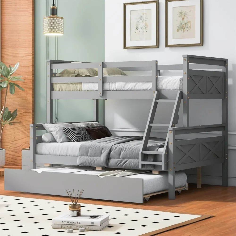 Merax Trundle Bunk Bed Twin Over Full Wood Frame Guardrail