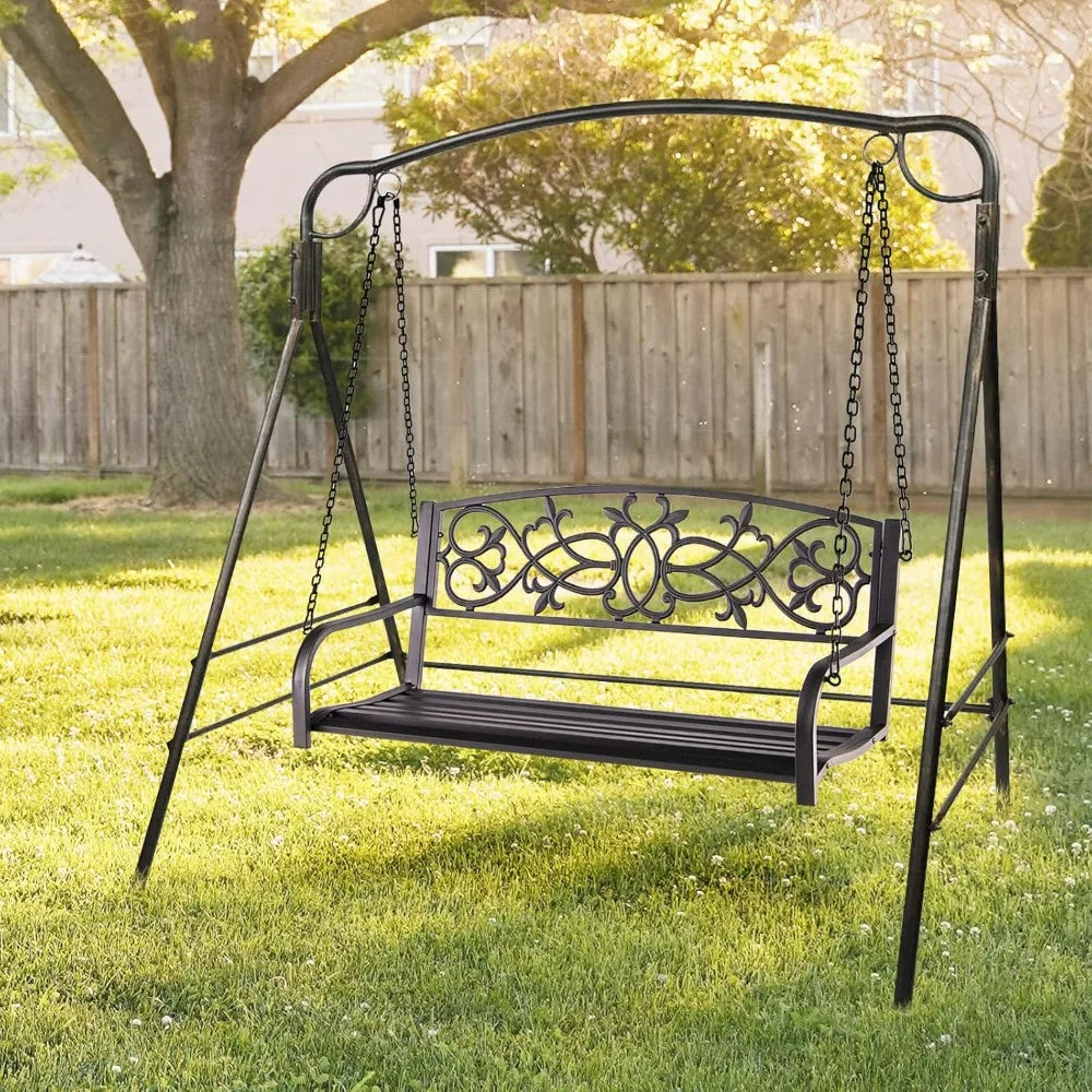 Patio Metal Porch Swing Two Person Bench With Retro Backrest