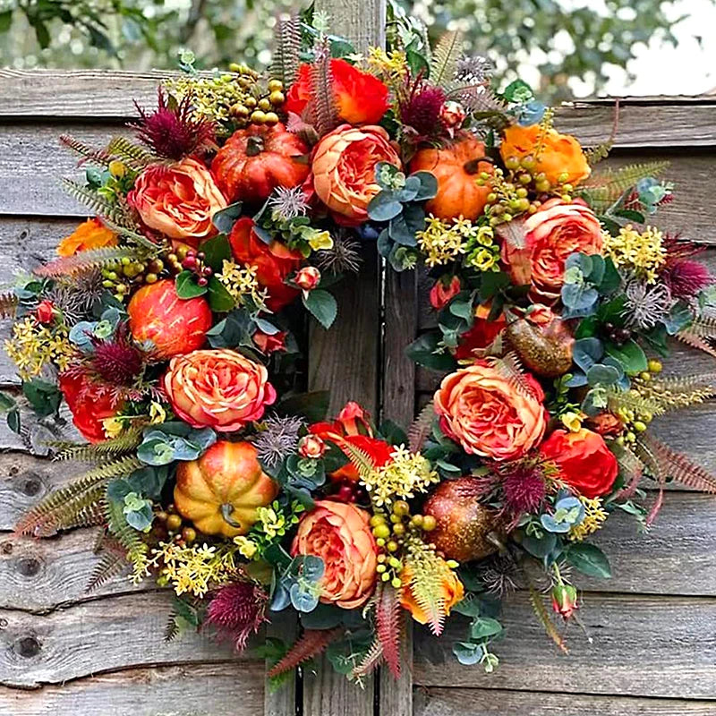 Peony Pumpkin Wreath Decorative Autumn Garland Front Door