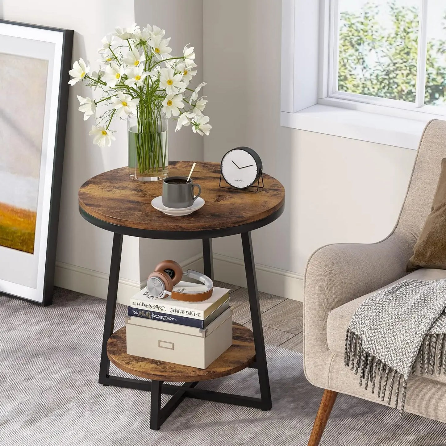 End Table 2 Tier Round Side Table With Storage Shelf