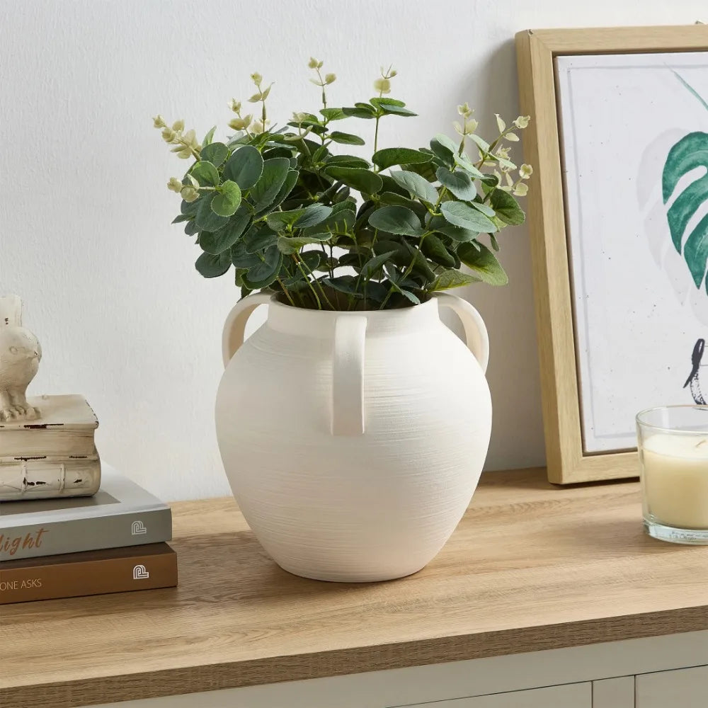 8 Inch White Matte Textured Ceramic Vase With Three Handles