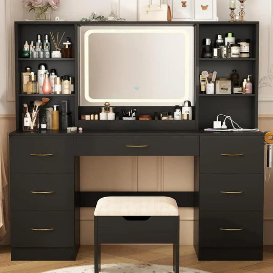47 Inch Vanity Desk With Mirror And LED Lights 3 Modes Black