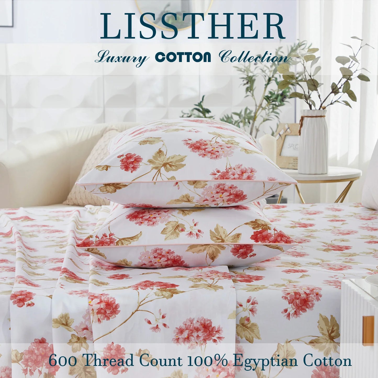 600TC Egyptian Cotton Duvet Cover Set Soft Floral Design
